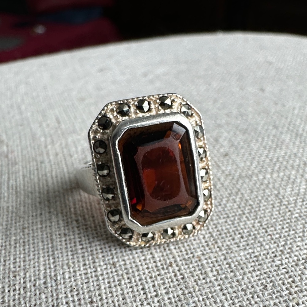 Elegant Silver and Brown Gemstone Marcasite  Ring size 6